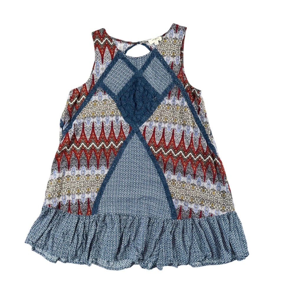 Umgee USA Boho Patchwork Ruffle Hem Sleeveless‎ Dress Women's Large